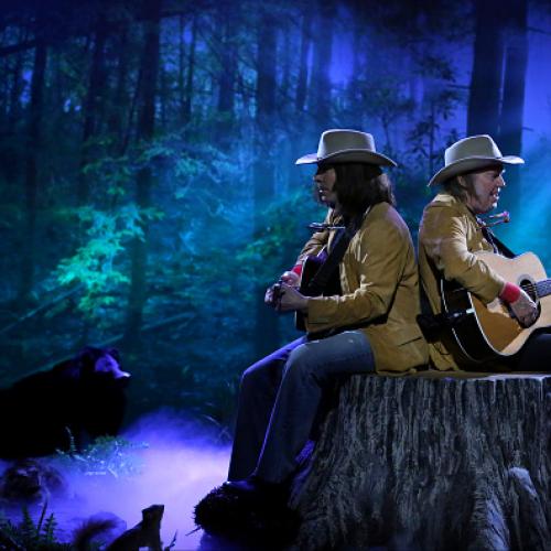 Two Neil Youngs on a Tree Stump